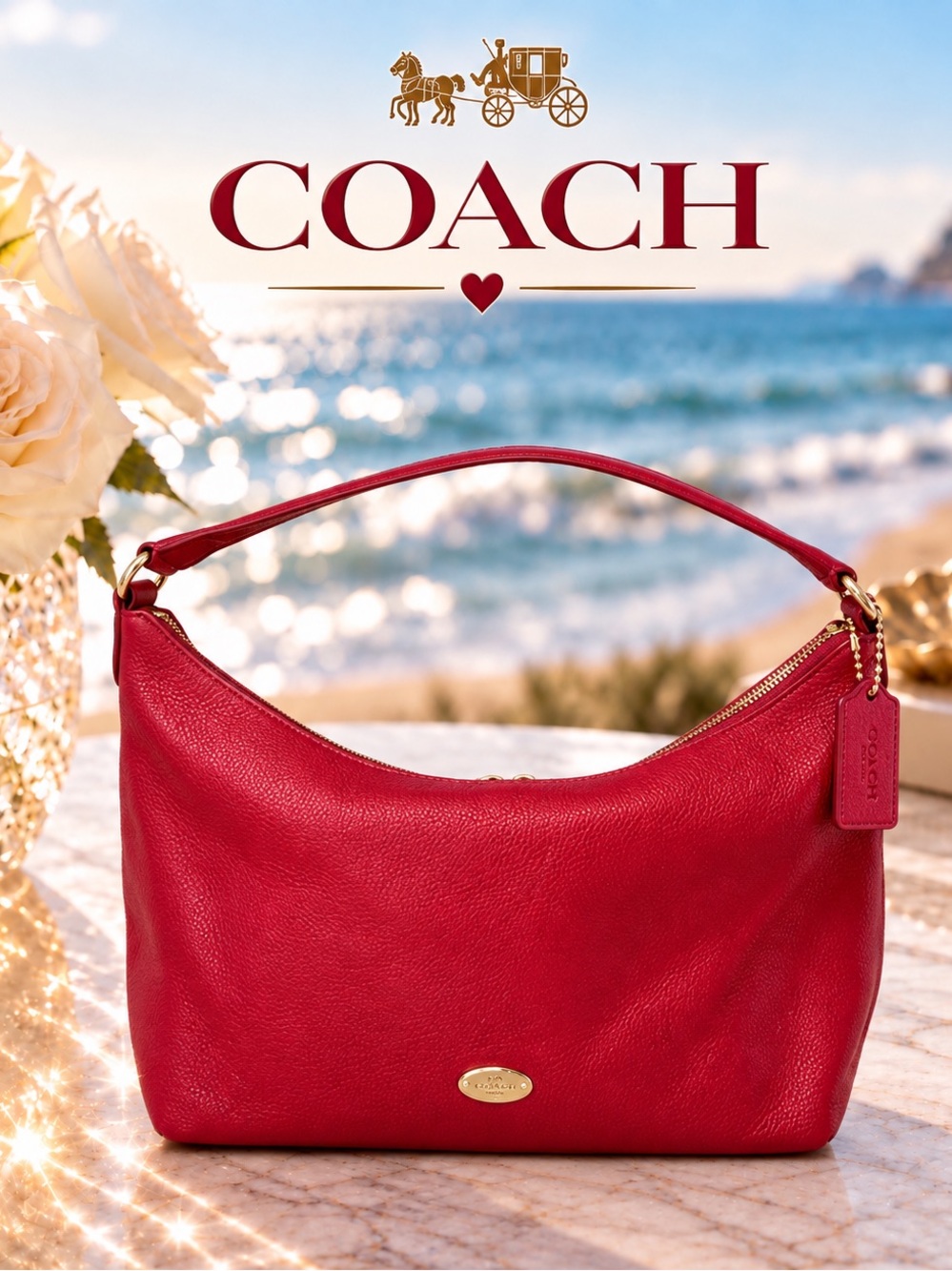 Coach Red Pebbled Leather Shoulder Hobo Bag with Silver Hardware